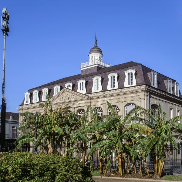 A historic Spanish colonial building in Jackson Square, New Orleans.
