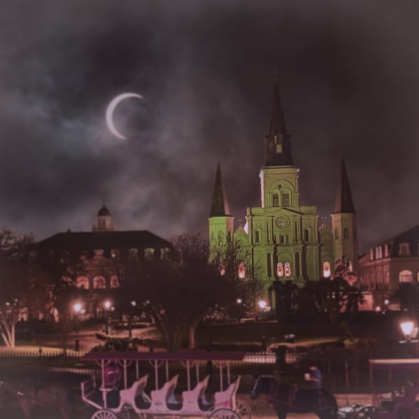 Over view of New Orleans St Louis Cathedral on a foggy night