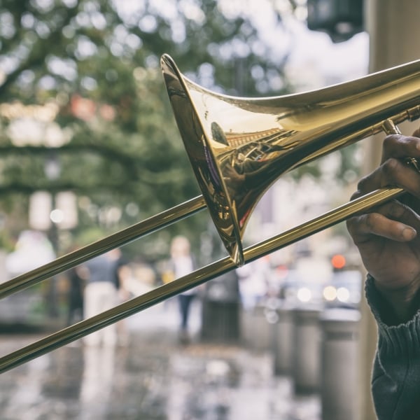 New Orleans street jazz musician playing jazz in the french quarter.
