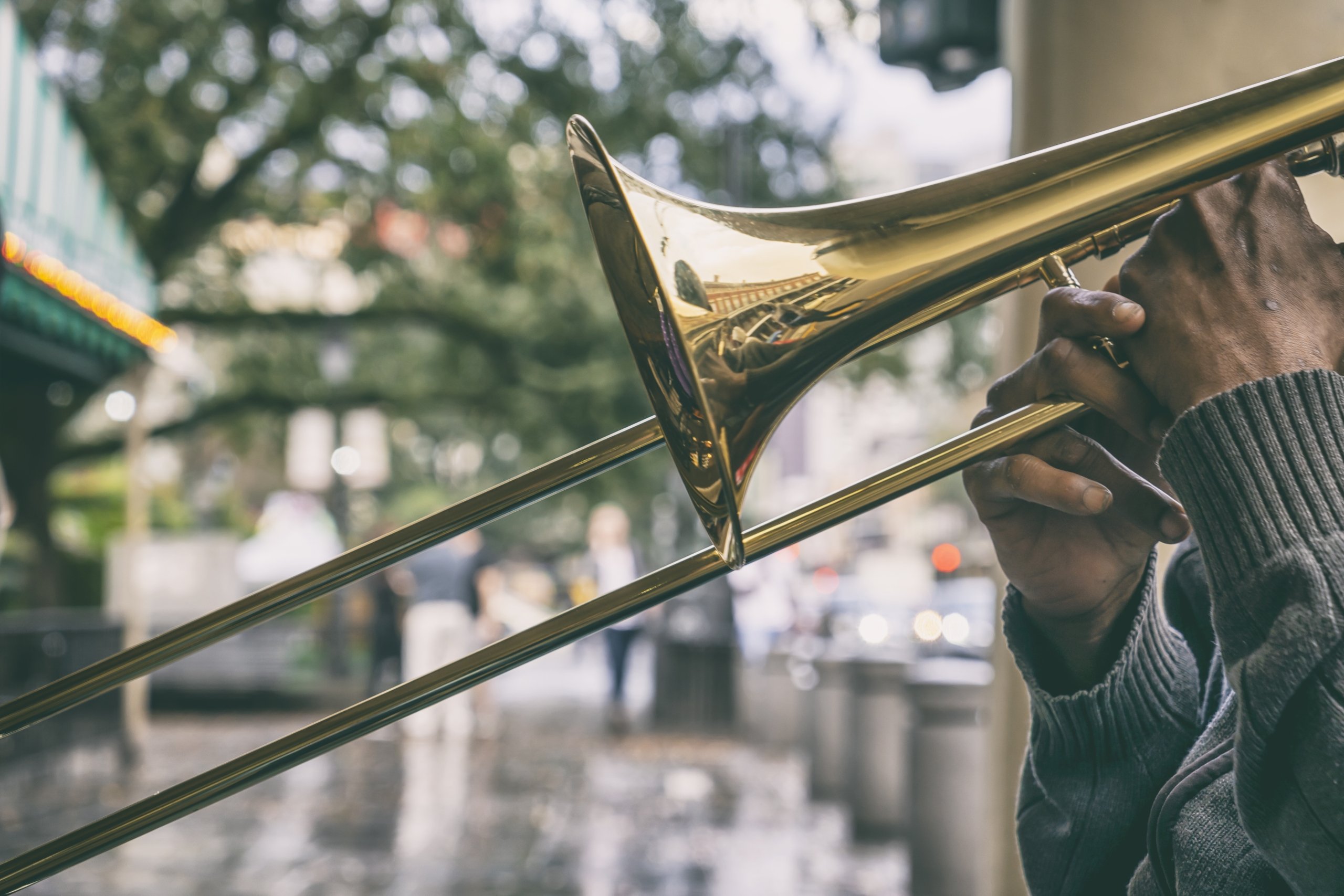 New Orleans street jazz musician playing jazz in the french quarter.