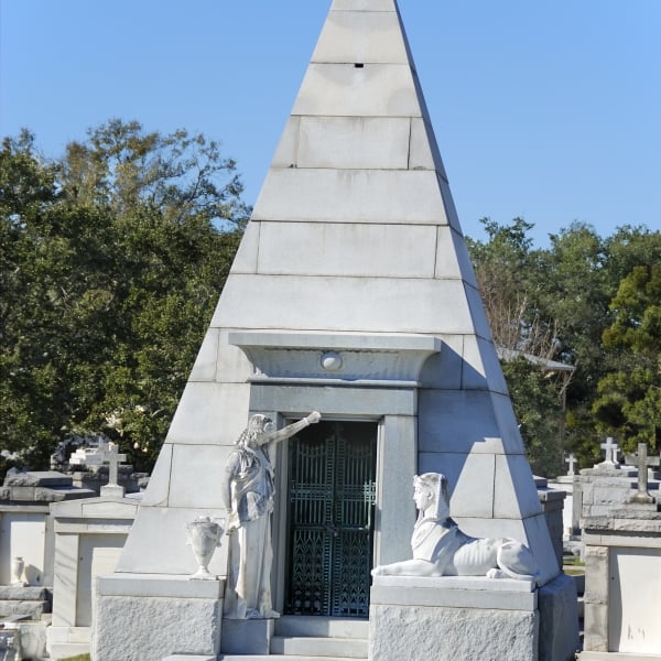 Some of the best architecture in New Orleans can be found in the city's historic cemeteries. The pyramid design and Sphinx figure is only makes this only one of the many tombs with Egyptian influences found in the city's many historic cemeteries.