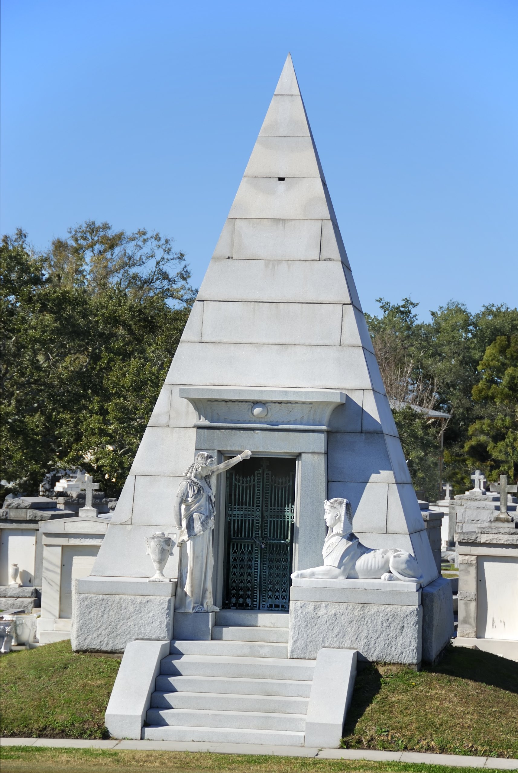 Some of the best architecture in New Orleans can be found in the city's historic cemeteries. The pyramid design and Sphinx figure is only makes this only one of the many tombs with Egyptian influences found in the city's many historic cemeteries.