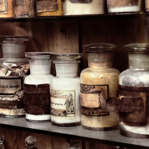 Cupboard with drugs in the old pharmacy
