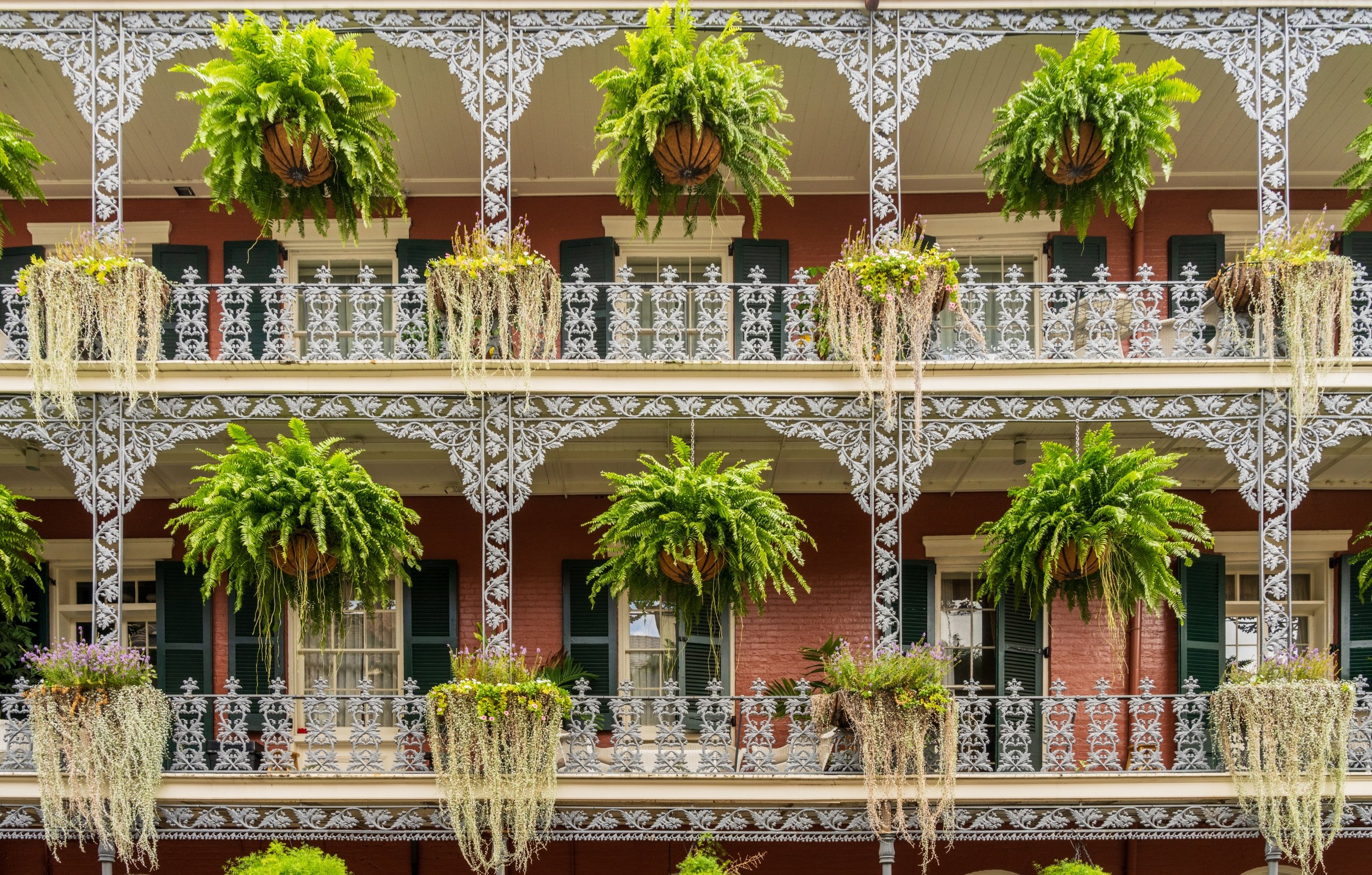 Hanging baskets on tradional New Orleans building on Royal Street in the French Quarter with grey wrought iron balconies