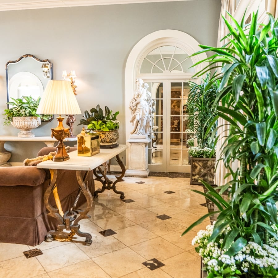 A brightly lit corner of the hotel lobby with arched doorways, plants, a statue, and tiled floors.