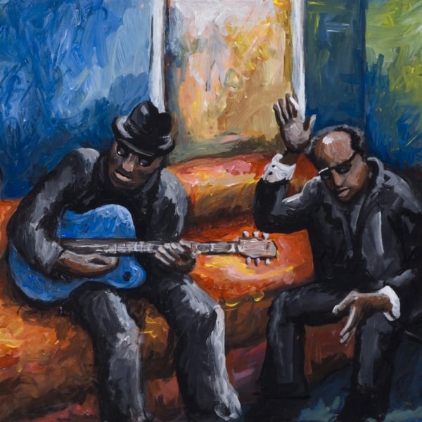 An expressionist painting of two Black men: one playing a blue guitar, the other gesturing, on an orange sofa.