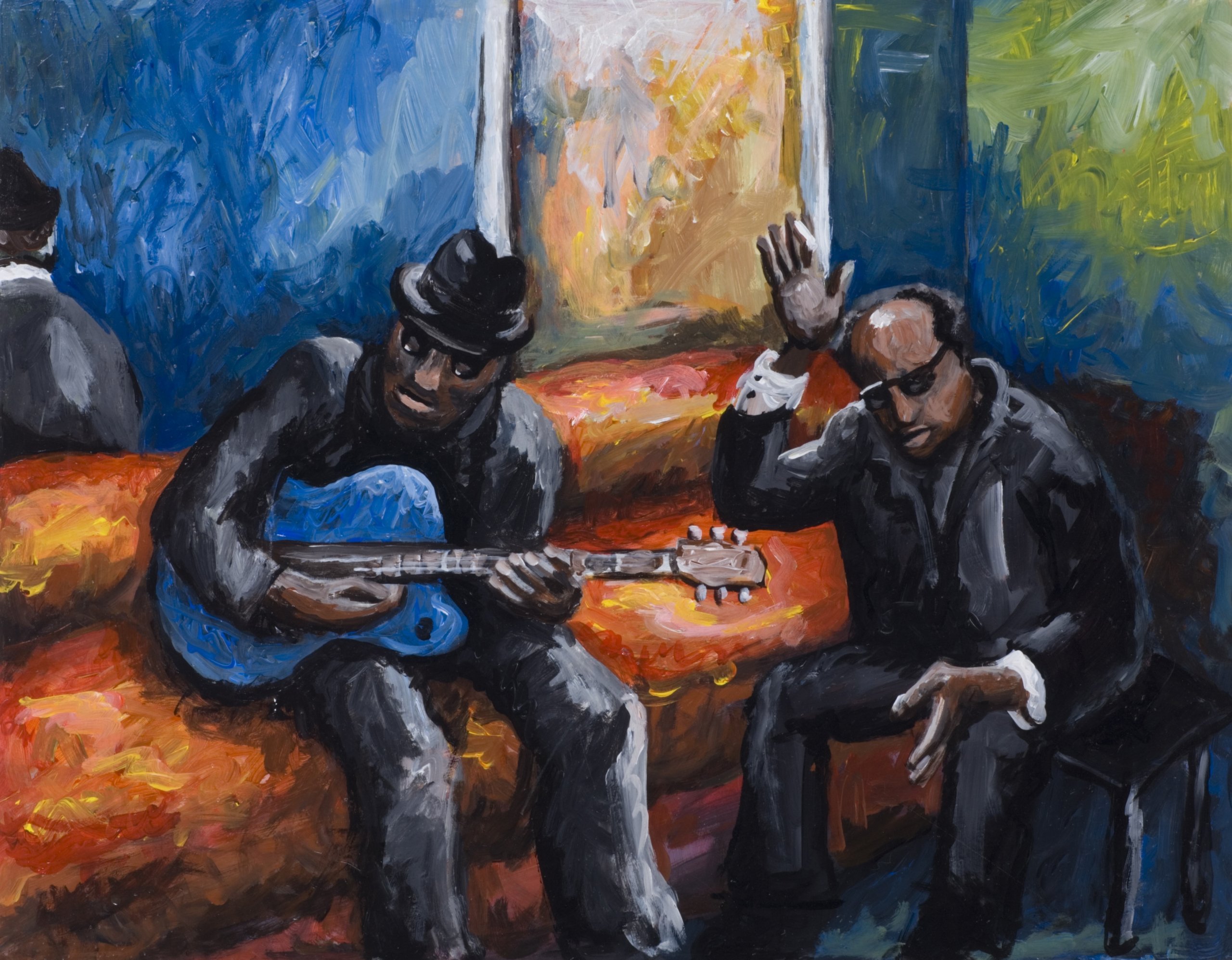 An expressionist painting of two Black men: one playing a blue guitar, the other gesturing, on an orange sofa.